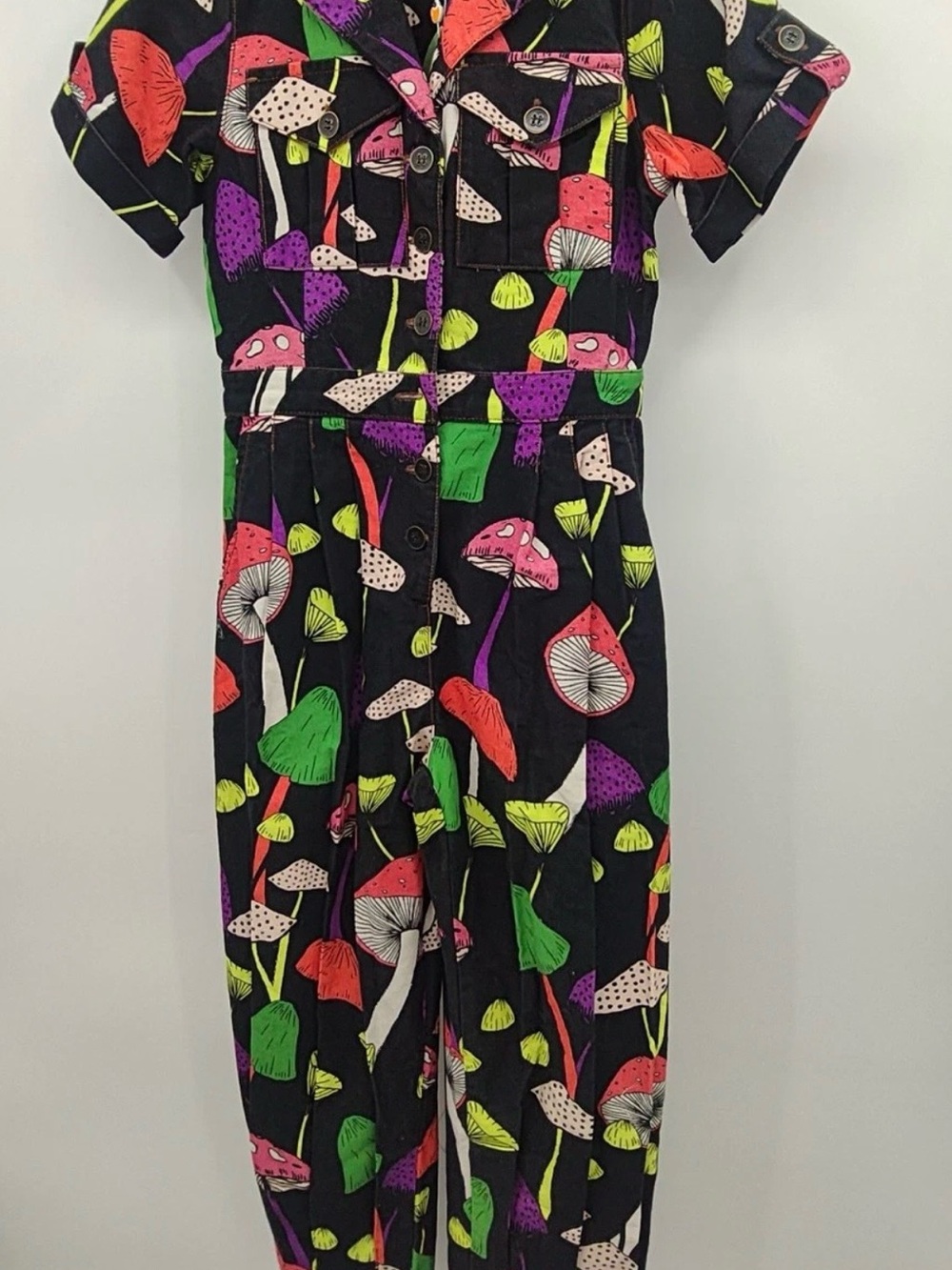 Farm Rio XS Mushroom Print Button Front Jumpsuit Utility Romper